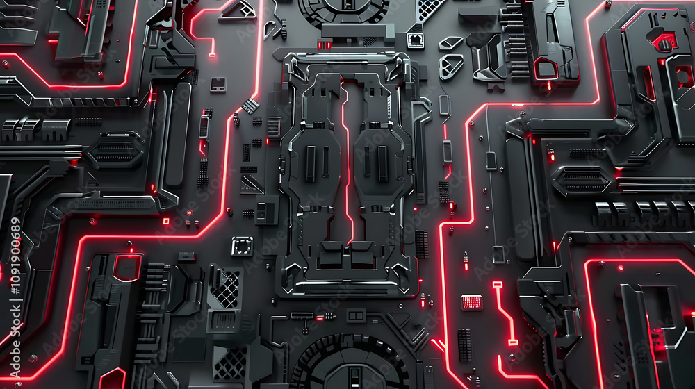 Fototapeta premium Futuristic Digital Circuit Board with Red Neon Lights and Complex Technology Patterns Ideal for Sci-Fi and Tech-Themed Designs and Projects