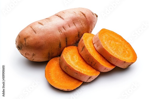 A fresh sweet potato with vibrant orange flesh, partially sliced, showcasing its nutritious and delicious interior.