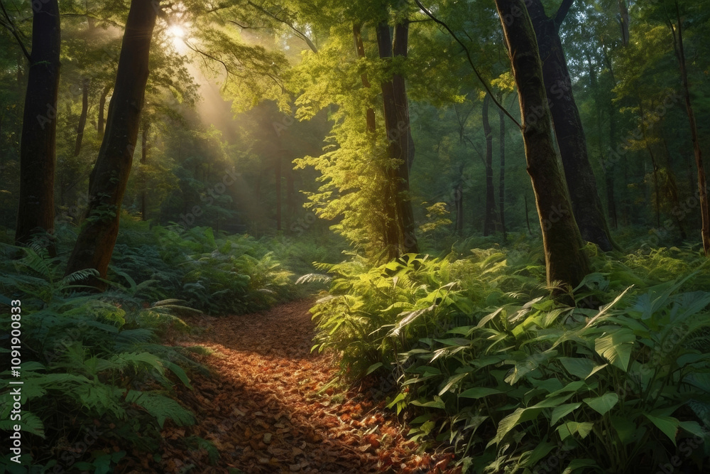 Obraz premium Depict the gentle rustle of leaves as a breeze stirs through the forest, creating a dynamic and lively atmosphere