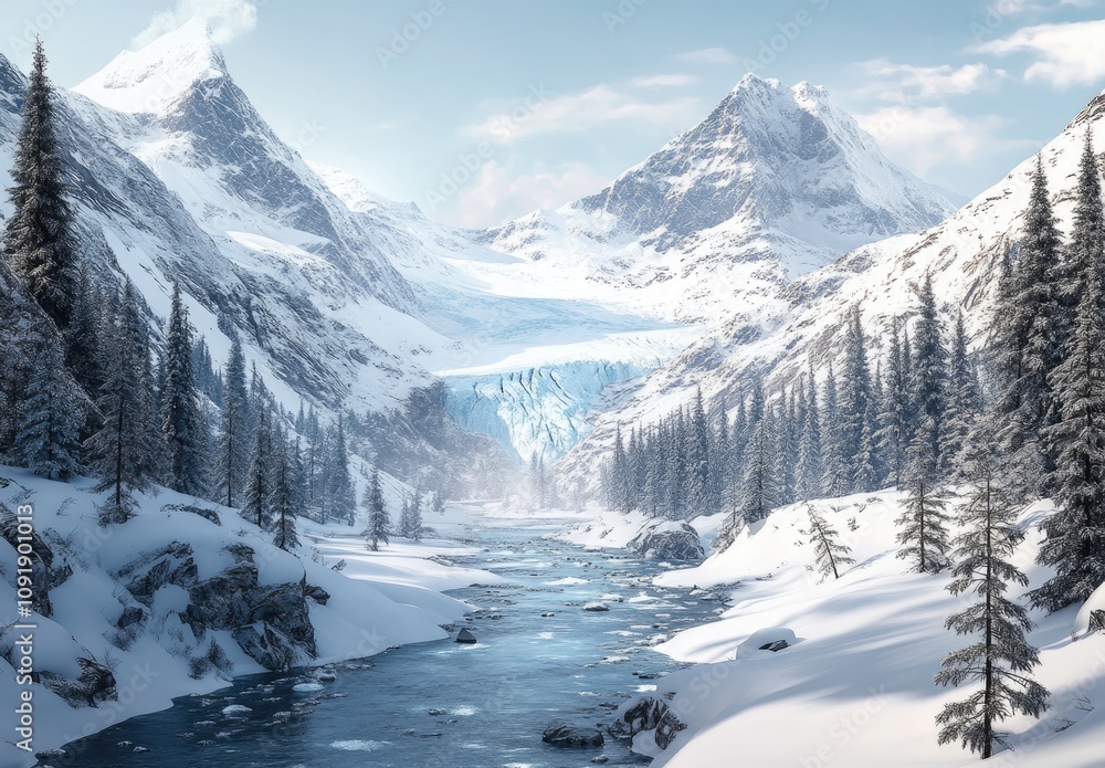 Obraz premium A beautiful winter landscape with snow-covered mountains, pine trees, and an icy river flowing through the valley.