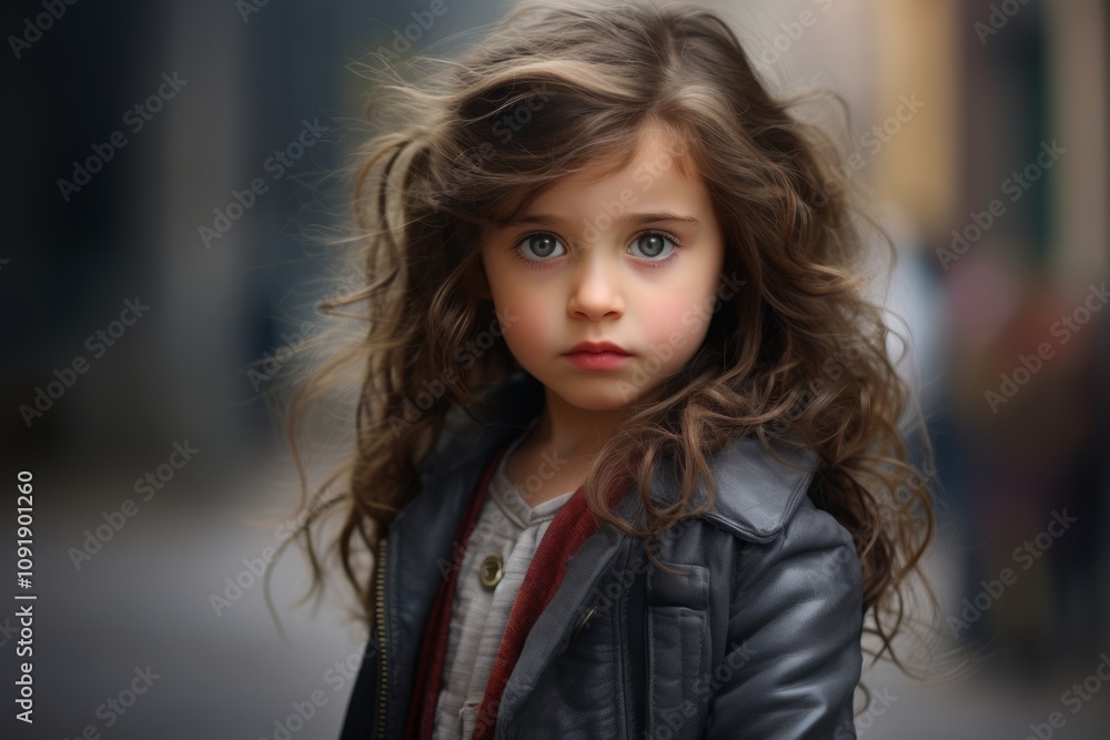 Portrait of beautiful little girl with curly hair in the city. Portrait of beautiful little girl with curly hair in the city.