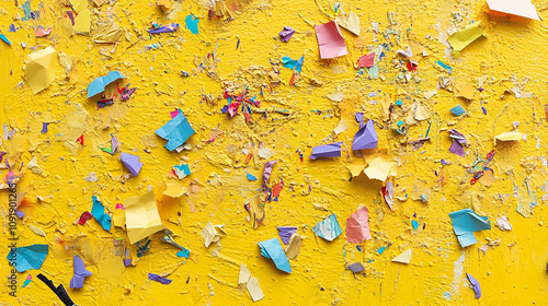 A yellow wall covered with scattered confetti photo