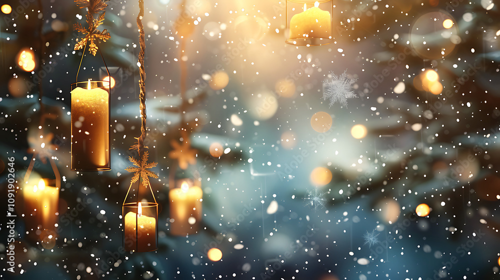 Warm and Cozy Winter Scene with Hanging Candles and Soft Snowfall, Perfect for Holiday Greetings, Seasonal Decor, and Winter Celebrations in a Dreamy Atmosphere Warm and Cozy Winter Scene with Hanging Candles and Soft Snowfall, Perfect for Holiday Greetings, Seasonal Decor, and Winter Celebrations in a Dreamy Atmosphere