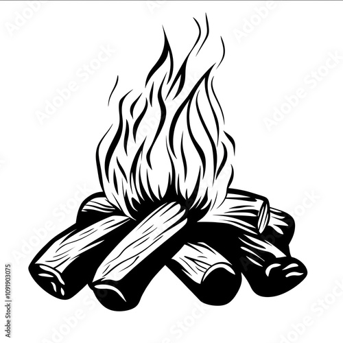 simple vector illustration of a camp fire black and white white background bold lines photo