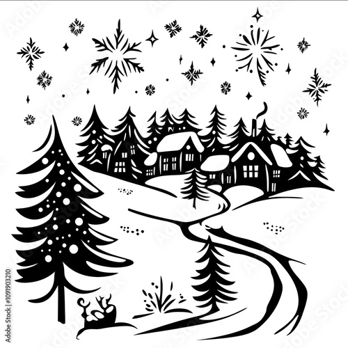 Christmas scene clipart vinyl decal in style of simple tattoo line art vector svg cricut illustration photo