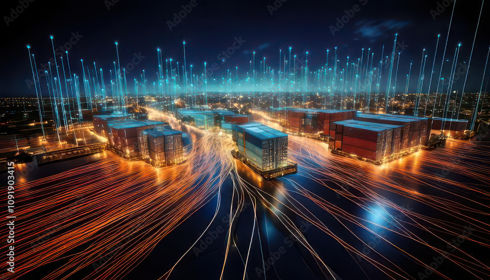 Obraz premium 3D visualization of interconnected supply chain points with glowing data streams inventory management concept