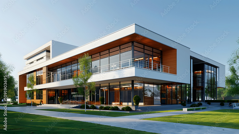 Fototapeta premium generic, basic design school building. 3d illustration with a white accent, photo, png