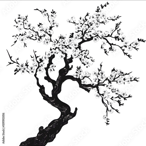 graphic image black outlines of a japanese cherry tree white backround photo