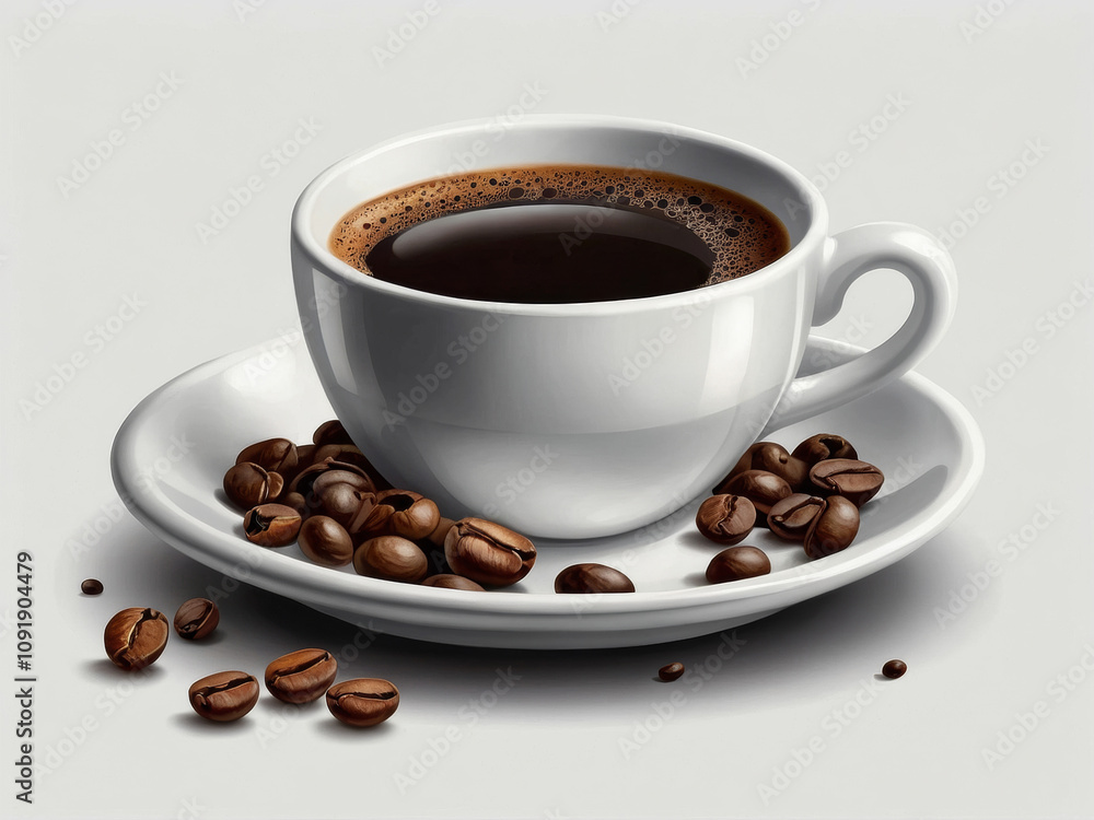 Fototapeta premium Image of a cup of espresso with coffee beans next to it