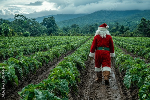 5am Santa Claus in the middle of the Agro plantation. Generative AI photo