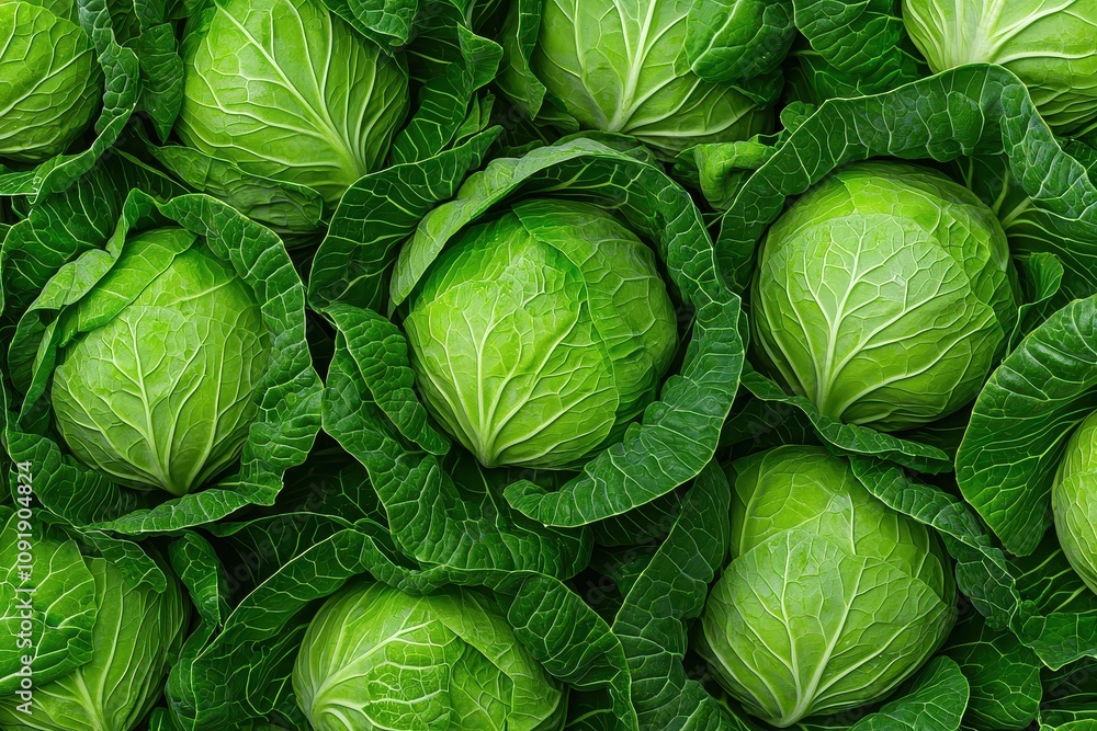 Fototapeta premium Fresh green cabbages tightly packed, showcasing their vibrant leaves and round shape, creating a lush and healthy vegetable display.