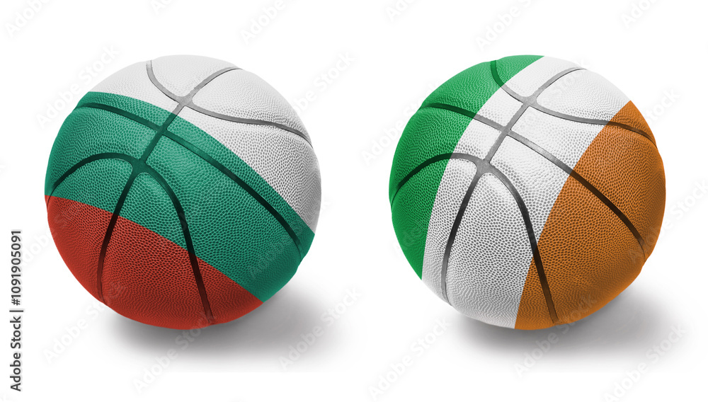 Obraz premium basketball balls with the national flags of ireland and bulgaria on the white background.