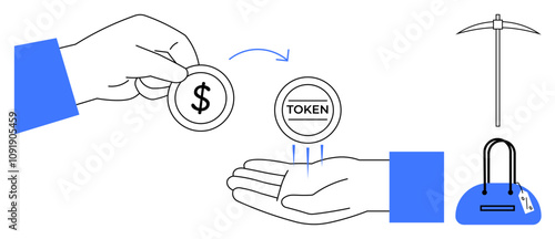 Hand giving dollar coin, receiving token in exchange, pickaxe, and shopping bag with price tag. Ideal for finance, cryptocurrency, digital wallets, e-commerce, mining blockchain trading