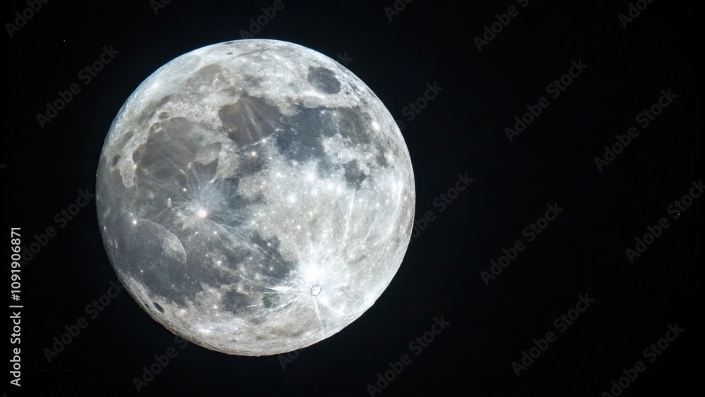 Obraz premium A lone, silvery orb suspended in the darkness of space, its cratered surface glowing with a soft ethereal light, luminosity, stars, solitude, moon, night sky