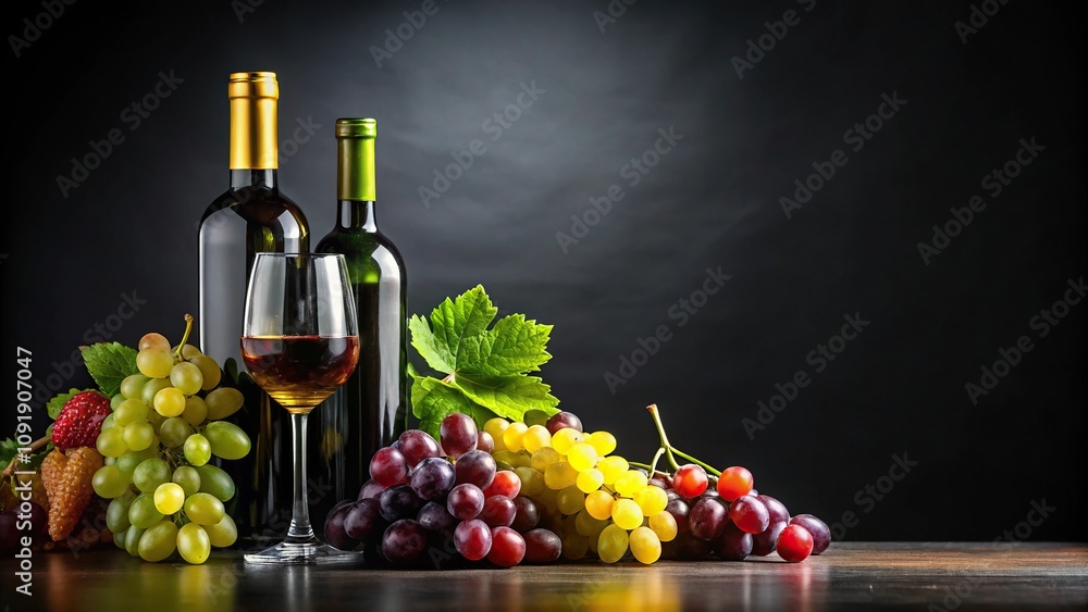Obraz premium Wide-angle wine and grapes presentation on black background