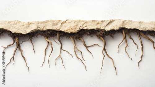 Decomposition process on soil showcasing intricate, balanced root formations with organic fiber movement. photo