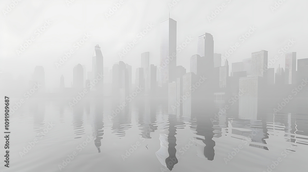 Obraz premium Ethereal Cityscape in Fog with Reflective Water Surface, Capturing the Mysterious Beauty of an Urban Skyline Treated to a Dreamy Atmosphere