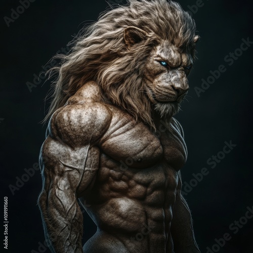 Muscular Anthropomorphic Lion with Fierce Expression 