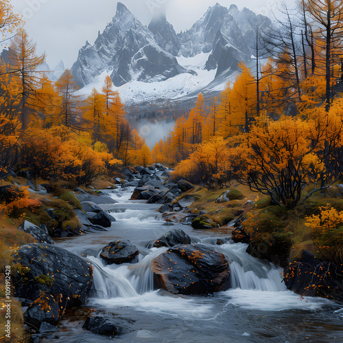 french alps landscape of iconic mountain aiguilles d arves and waterfall flowing in the valley on autumn at france with a white accent, png photo