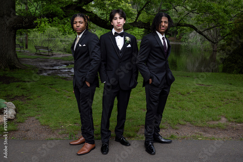 Three handsome young men wearing formal prom attire standing casually in a row with hands in pockets