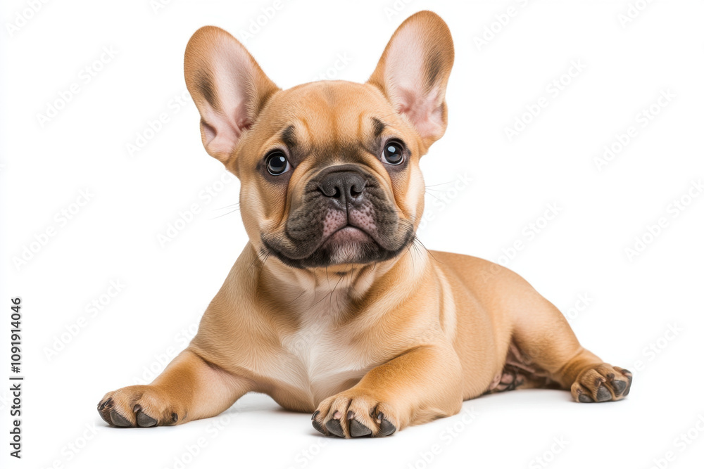 Obraz premium A charming French Bulldog puppy with a playful expression, lying down against a clean white background.