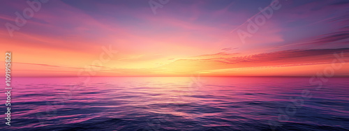 Stunning sunset over calm waters, blending vibrant hues of pink, orange, and purple in the sky reflecting on the serene ocean surface.