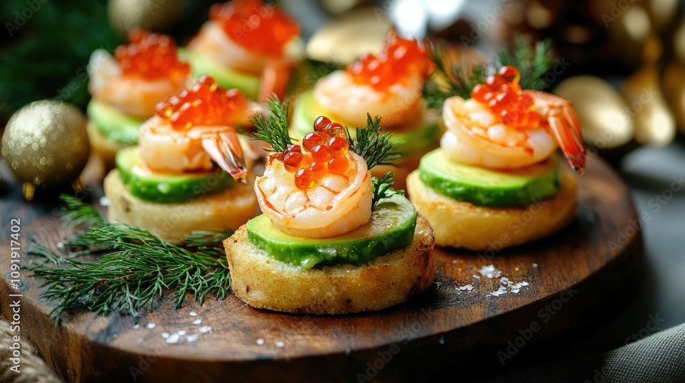 Elegant Gourmet Shrimp Canapés with Cucumber, Avocado and Salmon Roe Garnish on Rustic Wooden Platter Ideal for Holiday Celebrations and Festive Gatherings Elegant Gourmet Shrimp Canapés with Cucumber, Avocado and Salmon Roe Garnish on Rustic Wooden Platter Ideal for Holiday Celebrations and Festive Gatherings