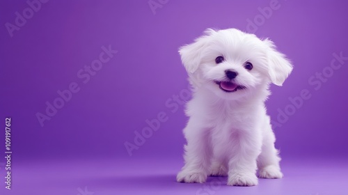 Adorable White Puppy with Purple Background photo