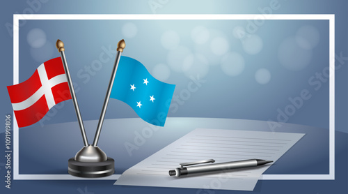 Denmark and Micronesia National flags on small table with bokeh background, cooperative relationship