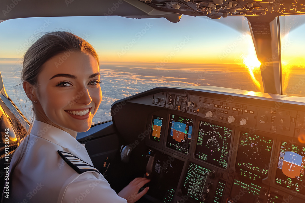 female pilot smiles in cockpit during sunset, showcasing her confidence ...