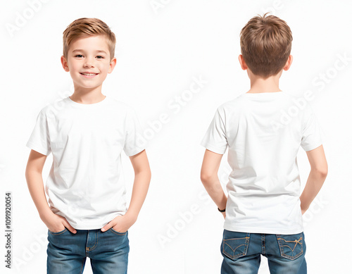 boy with empty white t-shirt front and back mockup