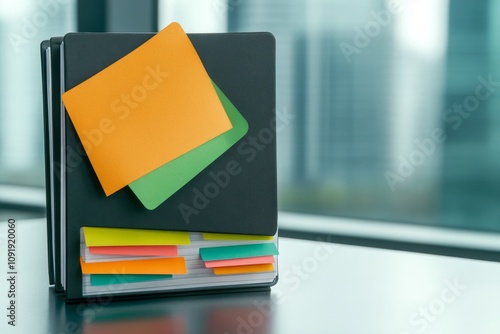 A well-used agenda book with dog-eared pages, colorful tabs, and sticky notes for organization