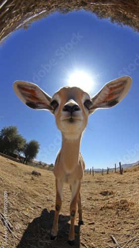 Determined Baby Gazelle with Intense Gaze in Fisheye Perspective looking Skyward photo