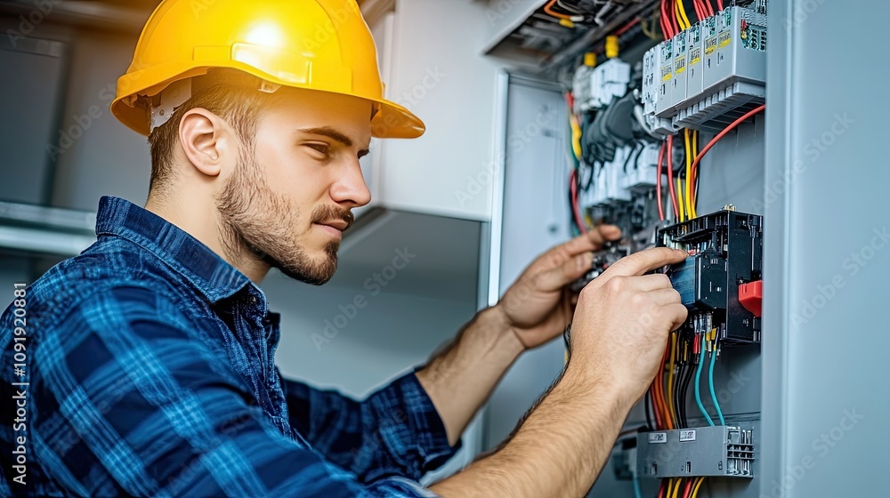 Male Electrician in Safety Helmet Working on Electrical Control Panel with Wires and Circuit Breakers, Focused on Maintaining Industrial Electrical Systems Male Electrician in Safety Helmet Working on Electrical Control Panel with Wires and Circuit Breakers, Focused on Maintaining Industrial Electrical Systems