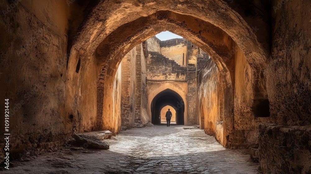 Fototapeta premium Person walking through ancient arched passageway.