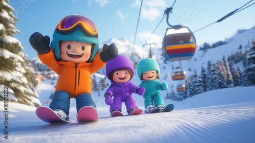 Happy children skiing downhill with ski lift in background
