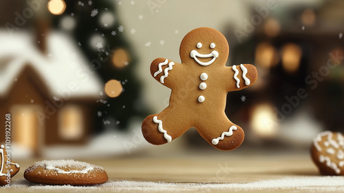 Gingerbread man flying in a snowy christmas landscape with gingerbread house
