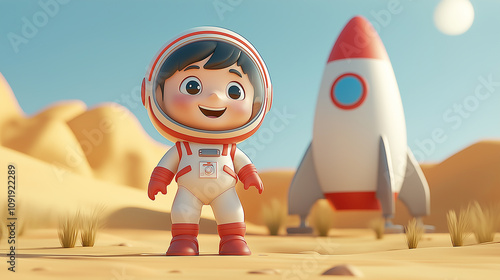 Happy child astronaut exploring a desert planet with rocket in background