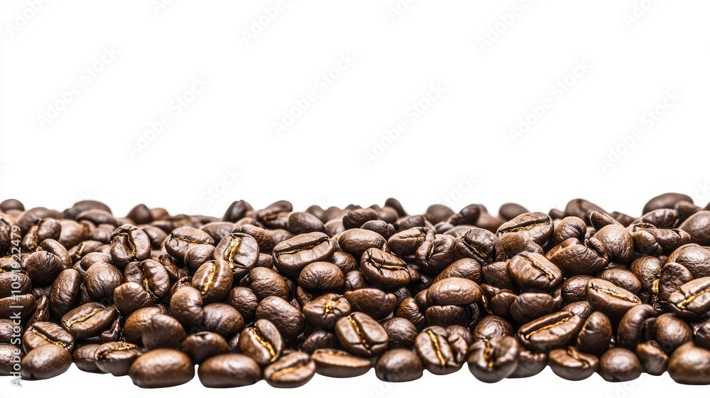 Obraz premium Freshly Roasted Coffee Beans Piled on a White Background Ideal for Beverage, Culinary, or Food-Themed Designs Showcasing Rich Aroma and Texture of Coffee
