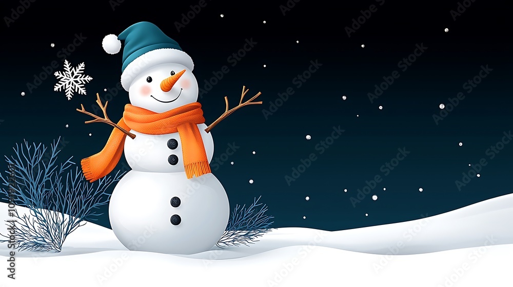 Fototapeta premium Joyful snowman celebrating winter wonderland festive scene outdoor nighttime fun concept