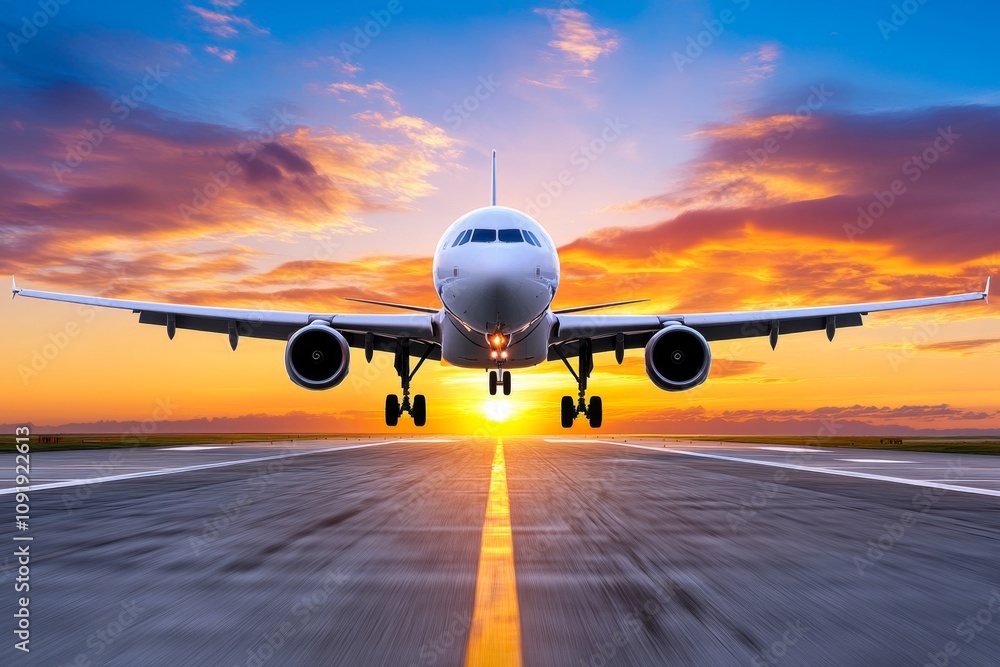 Aircraft silhouette flying across a minimalistic sunset sky, with bold, contrasting colors Aircraft silhouette flying across a minimalistic sunset sky, with bold, contrasting colors