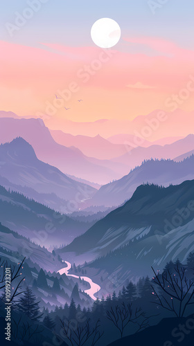 A serene mountain landscape at twilight, showcasing rolling hills, a winding river, and a glowing moon casting soft pastel hues across the sky.