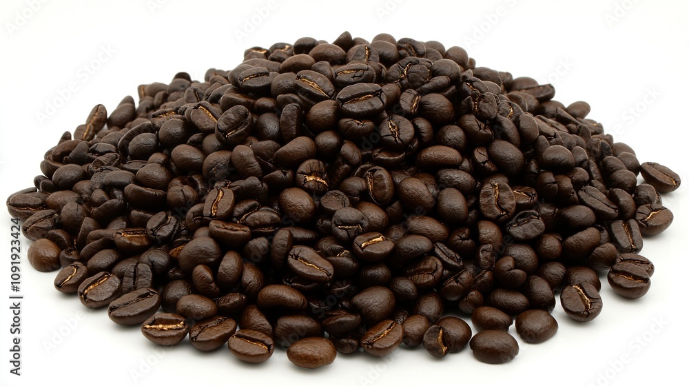 Fototapeta premium Dark Roasted Coffee Beans Piled Generously on a Clean Surface, Showcasing the Rich Color and Texture of High-Quality Arabic Coffee for Culinary and Beverage Uses