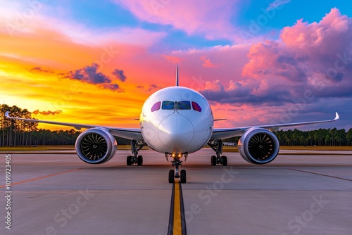 Airport runway during sunset, planes taking off with a backdrop of colorful skies