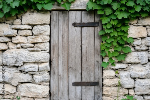 Ajar door in a stone cottage, with the scent of fresh bread wafting out into the garden photo