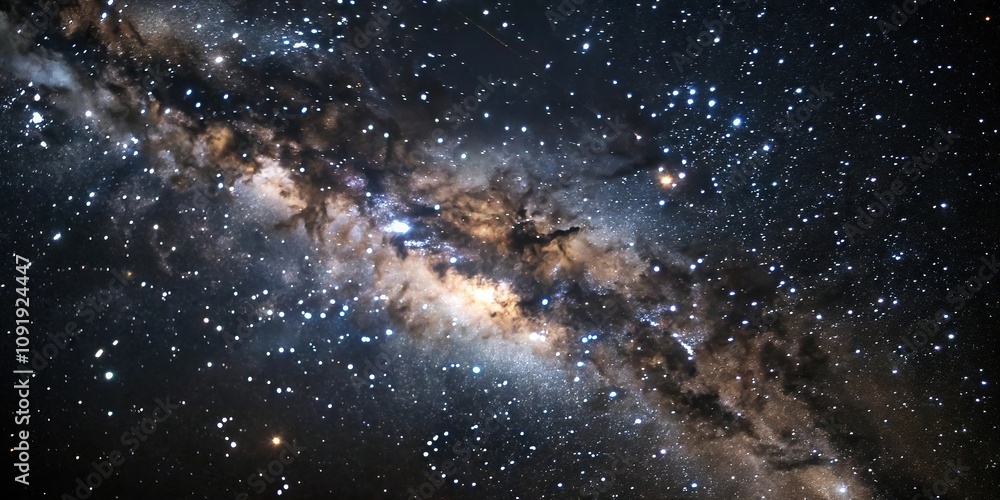 Obraz premium A star-filled universe on a black background, showcasing a vast expanse of space and time, universe, cosmic landscape, astronomy, stars