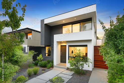 A sleek, modern home in the middle of Melbourne's suburbs with minimalist design elements and clean lines. The exterior features white stucco walls, black windows, and concrete accents.