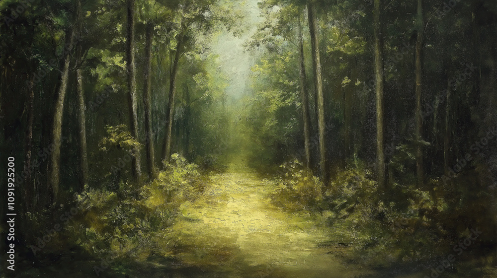Obraz premium Oil painting of a forest path, with a deep green and yellow color palette, atmospheric and detailed