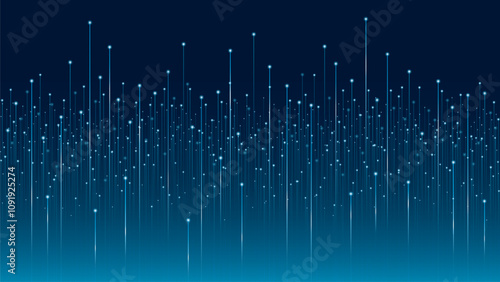 A abstract illustration with vertical lines and glowing points on a dark blue background. This futuristic illustration symbolizes science and technology, data transmission, and digital communication.