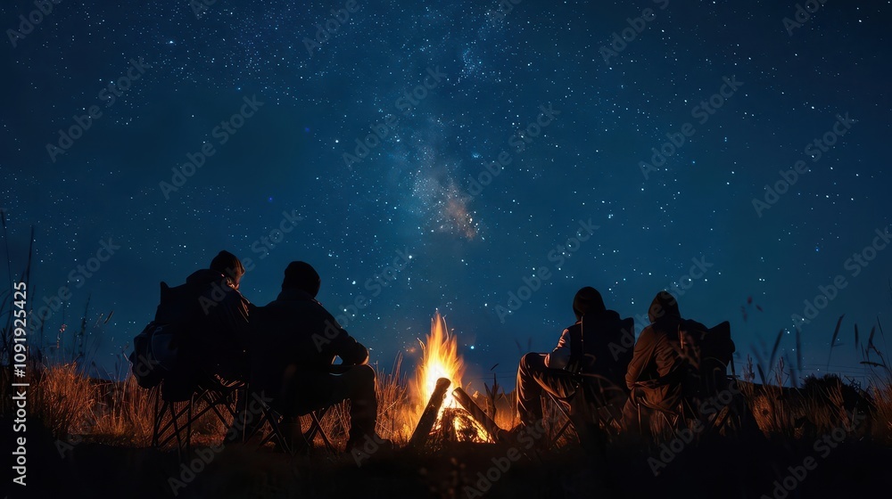 Fototapeta premium A group of friends around a campfire, their silhouettes set against the night sky